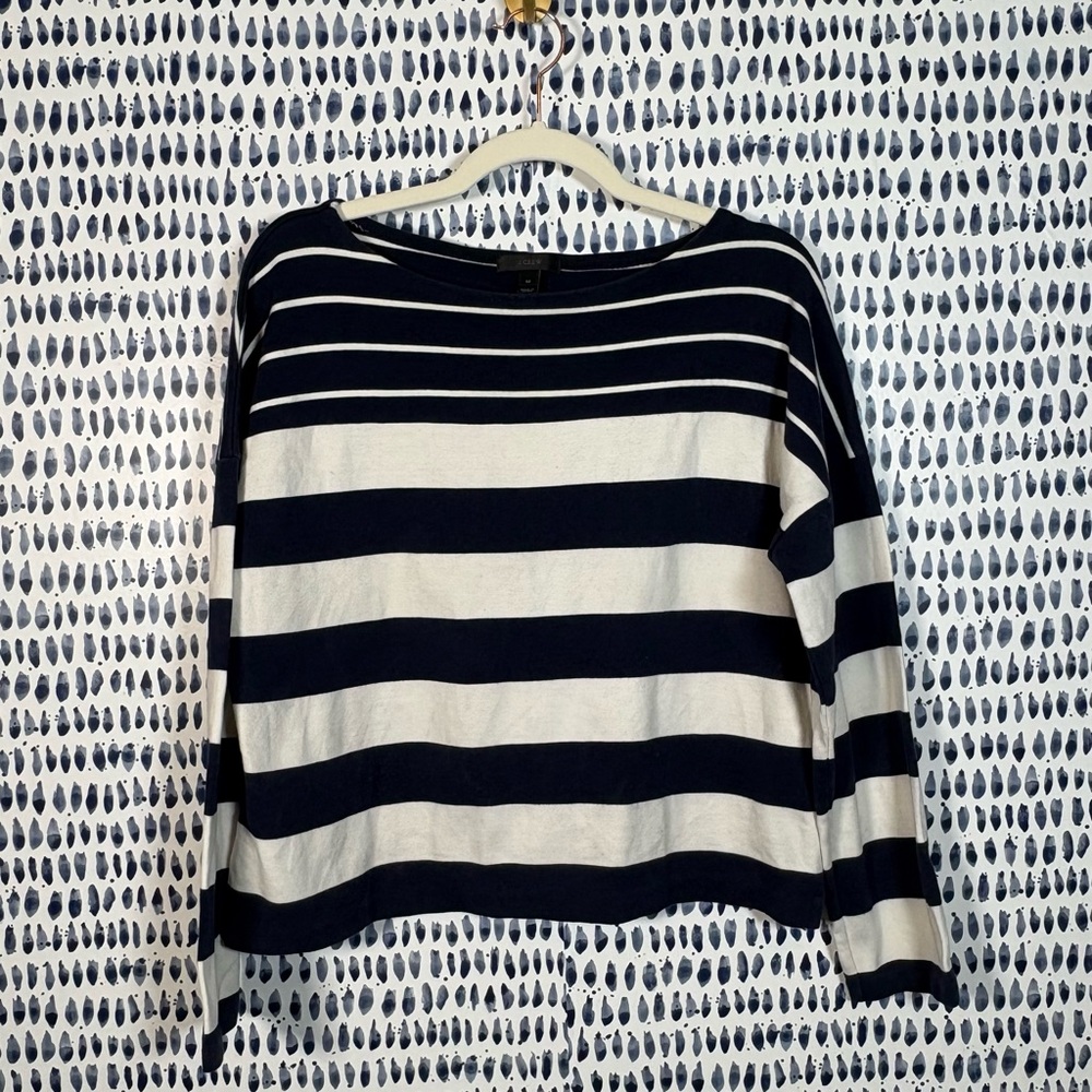 J. Crew Striped Boatneck Nautical Top sz M #F4379 navy white 3/4 sleeve